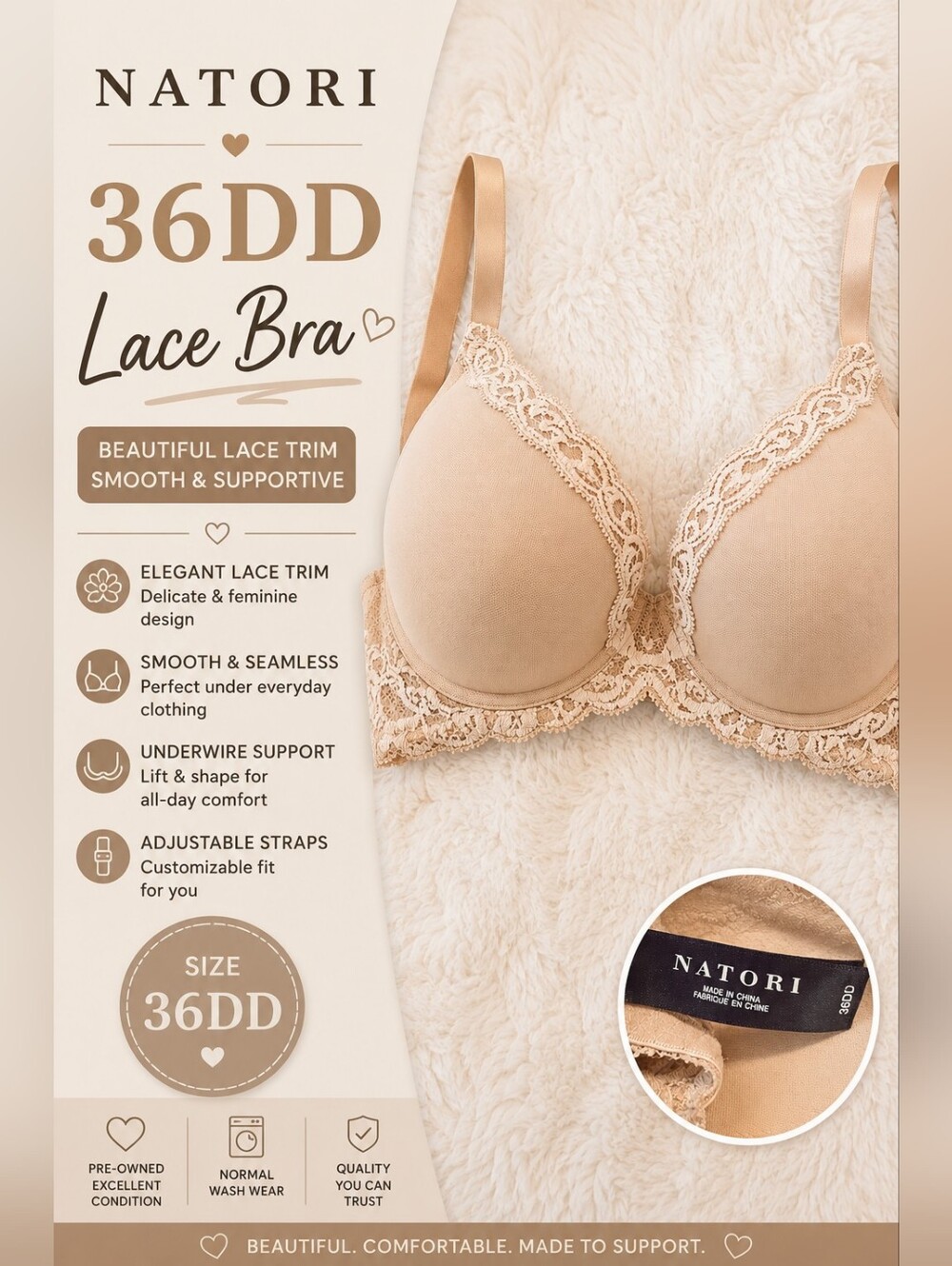 Natori Bra 36DD Lace Trim Underwire Nude Beige Mesh Lace Everyday Comfort